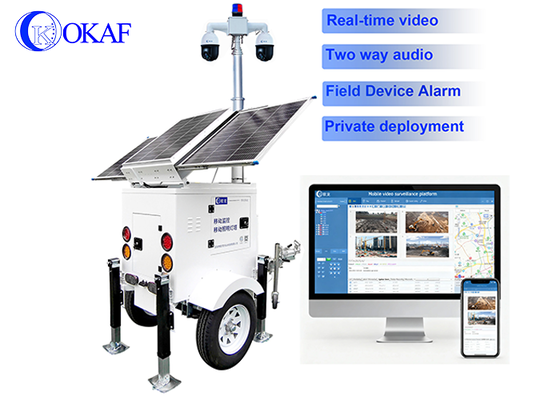 ऑफ-ग्रिड मॉनिटरिंग 24/7 सुरक्षा सौर प्रणाली 3x200W सीसीटीवी टॉवर 4जी सिम कार्ड कैमरा 6एम टेलीस्कोपिक मास्ट ट्रेलर
